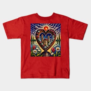 Watercolor flowers surround heart Valentines Kids T-Shirt